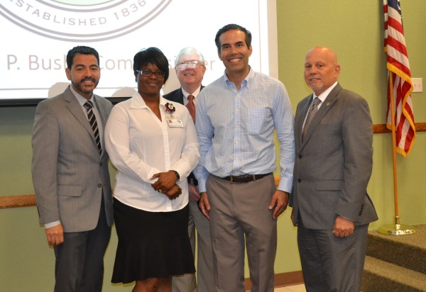 Left to Right: Jose Segarra, Mayor of Killeen; KC Hawkins, Bell County Veterans Services Officer; Jon Burrows, Bell County Judge; George P. Bush, Texas Land Commissioner; and Juan Rivera, City of Killeen Council Member.